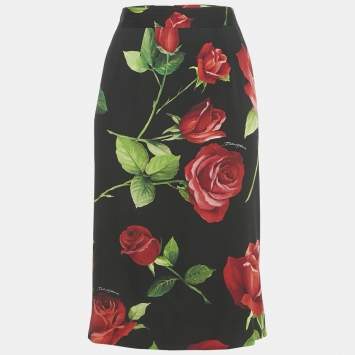 Pre Owned Dolce & Gabbana Black Rose printed Silk Pencil Skirt L