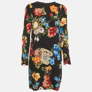 Pre Owned Dolce & Gabbana Black  Printed Silk Mini Dress M