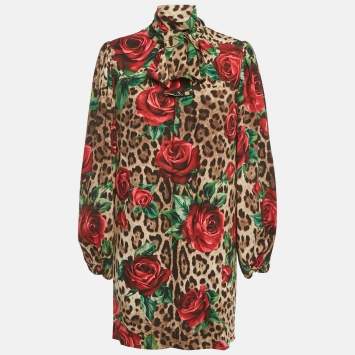 Pre Owned Dolce & Gabbana Brown Animal & Rose Printed Silk Shift Dress L