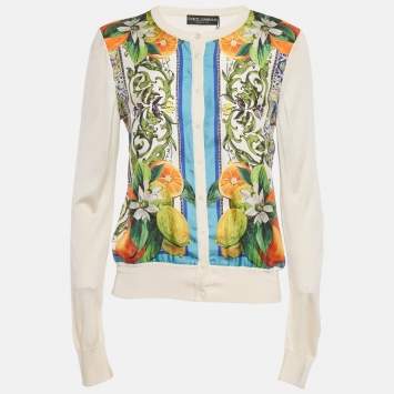 Pre Owned Dolce & Gabbana Cream Printed Silk & Knit Button Front Cardigan M