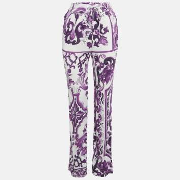 Pre Owned Dolce & Gabbana Purple Majolica Print Jersey Wide Leg Trousers XXS 
