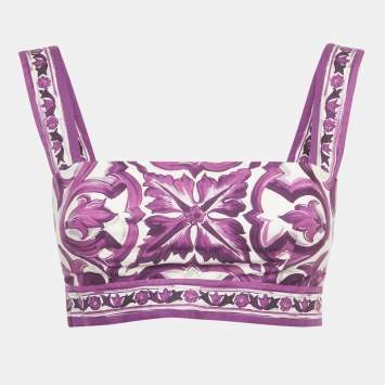 Pre Owned Dolce & Gabbana Purple Majolica Print Cotton Crop Top S