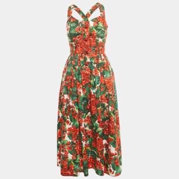 Pre Owned Dolce & Gabbana Red/Green Floral Print Cotton Midi Dress S 