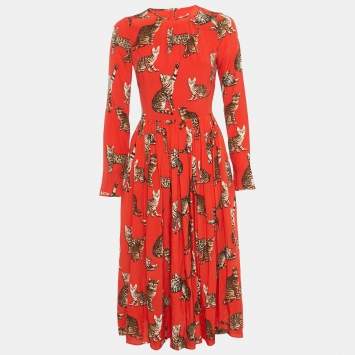 Pre Owned Dolce & Gabbana Red Cat Print Silk Midi Dress S