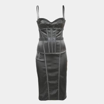 Pre Owned Dolce & Gabbana Black Satin Corset Midi Dress M
