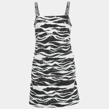 Pre Owned Dolce & Gabbana Monochrome Zebra Pattern Sequinned Mini Dress M