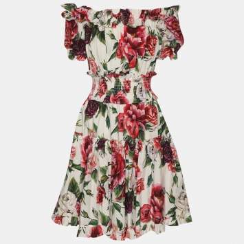 Pre Owned Dolce & Gabbana Multicolor Floral Print Cotton Ruffled Midi Dress XS