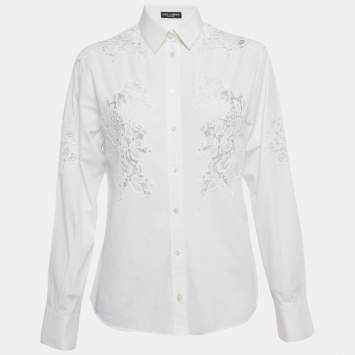Pre Owned Dolce & Gabbana White Lace Trim Cotton Long Sleeve Shirt S