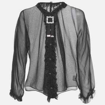 Pre Owned Dolce & Gabbana Black Bejeweled Silk Ruffled Sheer Blouse S