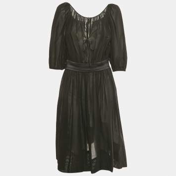 Pre Owned Dolce & Gabbana Black Cotton Belt Detail Flared Midi Dress M