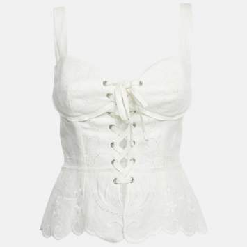 Pre Owned Dolce & Gabbana White Embroidered Linin Blend Lace-Up Corset S