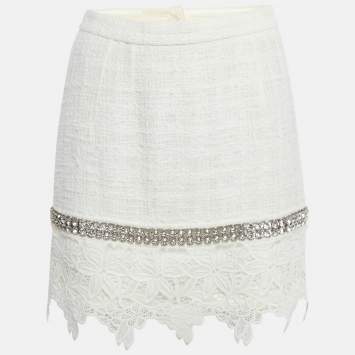 Pre Owned Dolce & Gabbana White Lace Crystal Detail Mini Skirt M