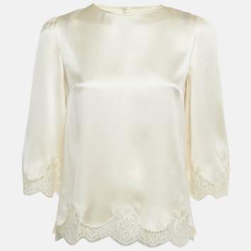 Pre Owned Dolce & Gabbana Cream Lace Trim Satin Blouse S