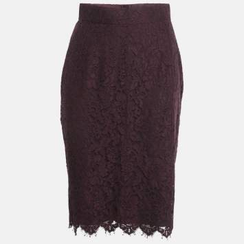 Pre Owned Dolce & Gabbana Plum Lace Midi Skirt M