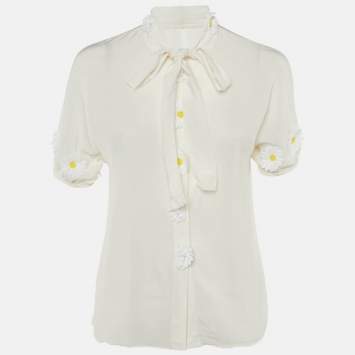 Pre Owned Dolce & Gabbana Off White Silk Daisy Appliqued Blouse M