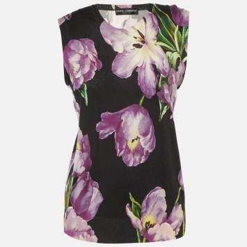 Pre Owned Dolce & Gabbana Black Floral Print Cashmere & Silk Jumper M