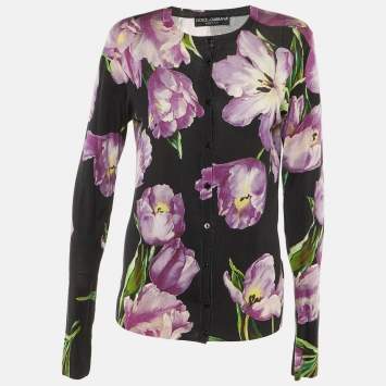 مملوكة مسبقًا Dolce & Gabbana Black Floral Print Cashmere & Silk Cardigan L 