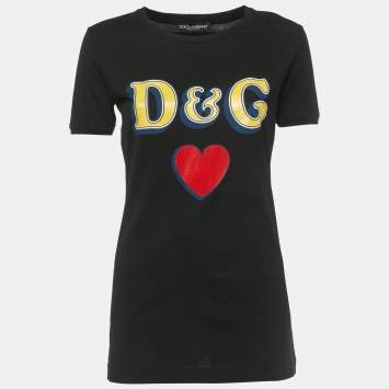 Pre Owned Dolce & Gabbana Black D& G Heart Print Cotton T-Shirt S 