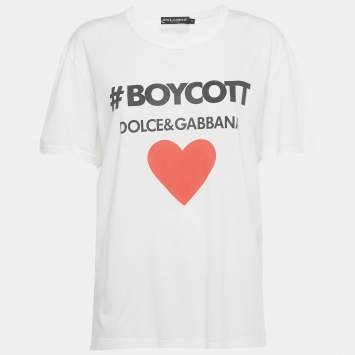 Pre Owned Dolce & Gabbana White Boycott Logo Print Cotton T-Shirt S 