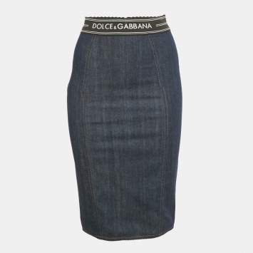 Pre Owned Dolce & Gabbana Blue Denim /Mesh Pencil Skirt S