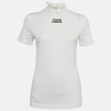 Pre Owned Dolce & Gabbana White Logo Embroidered Cotton Lace Detail T-Shirt S