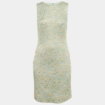 Pre Owned Dolce & Gabbana Blue Brocade Silk Sleeveless Dress S