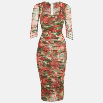 Pre Owned Dolce & Gabbana Red /Green Floral Print Mesh Ruched Midi Dress XS