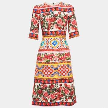 Pre Owned Dolce & Gabbana Multicolor Carretto Roses Print Cotton Midi Dress XS