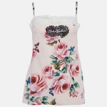 مملوكة مسبقًا Dolce & Gabbana Pink Rose Print Silk and Lace Trim Cami Top M