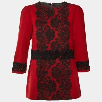 مملوكة مسبقًا Dolce & Gabbana Red Wool Crepe Lace Trim Top L