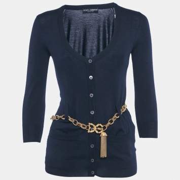 Pre Owned Dolce & Gabbana Navy Blue Cashmere Knit Metallic Belt Cardigan S