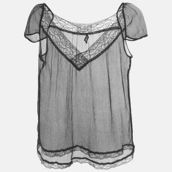 مملوكة مس�بقًا D&G Black Silk Chiffon Lace Trim Sheer Top S