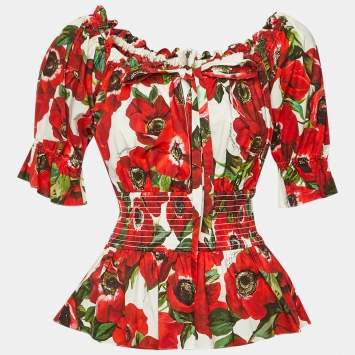 مملوكة مسبقًا Dolce & Gabbana White /Red Poppy Print Cotton Blouse XS