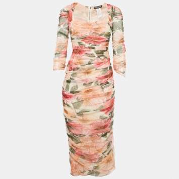 Pre Owned فسِتان دولتشي أند غابانا ضيق مطبوع مورد متعدد الألوان مقاس صغير (إكس سمول)