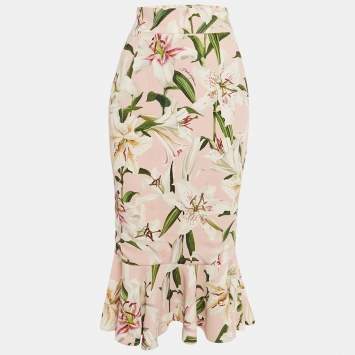 Pre Owned Dolce & Gabbana Pink Floral Print Crepe Flounced Skirt S