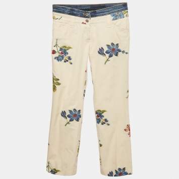 مملوكة مسبقًا Dolce & Gabbana Cream Floral Cross Stitch Printed Cotton Pants S Waist 29" 