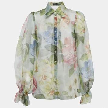 Pre Owned Dolce & Gabbana Light Green Floral Printed Silk Shirt S