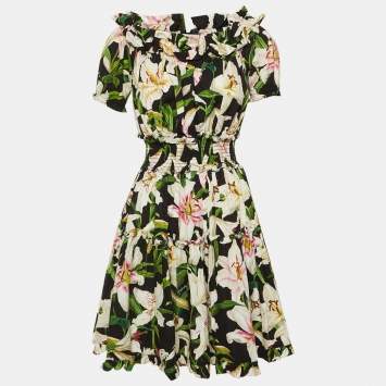 مملوكة مسبقًا Dolce & Gabbana Black Floral Print Cotton Off -Shoulder Dress M 