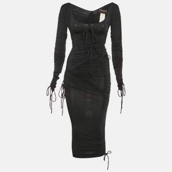 Pre Owned Dolce & Gabbana Vintage Black Jersey Ruche Tie-Up Midi Dress S