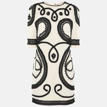 مملوكة مسبقًا Dolce & Gabbana Cream/Black Crepe Embroidered Mini Dress M