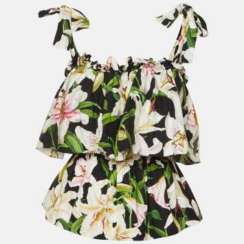 مملوكة مسبقًا Dolce & Gabbana Black Poplin Print Cotton Ruffle Detail Top M
