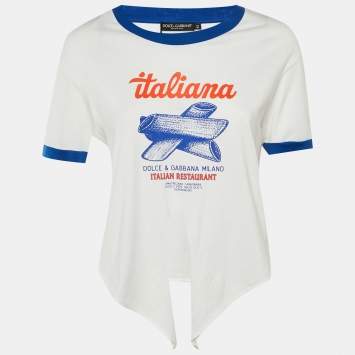 مملوكة مسبقًا Dolce & Gabbana White Printed Cotton Tie Detail T-Shirt M