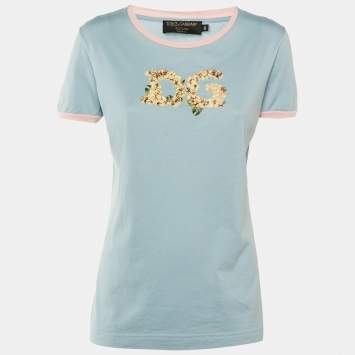 مملوكة مسبقًا Dolce & Gabbana Blue /Pink Floral Logo Embroidered Cotton T-Shirt M