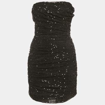 مملوكة مسبقًا Dolce & Gabbana Black Sequin Embellished Tulle Ruched Strapless Mini Dress M