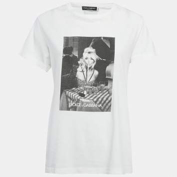 مملوكة مسبقًا تي شيرت دولتشي أند غابانا قطن محبوك أبيض تشاو كيم مقاس صغير ( سمول )