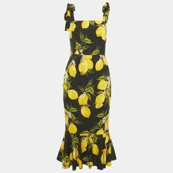 Pre Owned Dolce & Gabbana Black Lemon Print Silk Blend Sheath Dress M