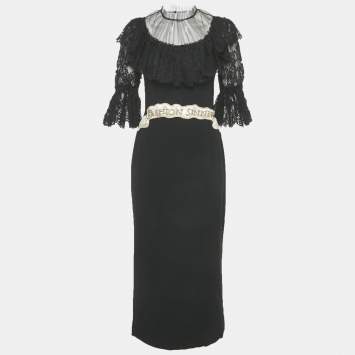Pre Owned Dolce & Gabbana Black Crepe and Lace "Fashion Sinner" Embellished Midi Dress S