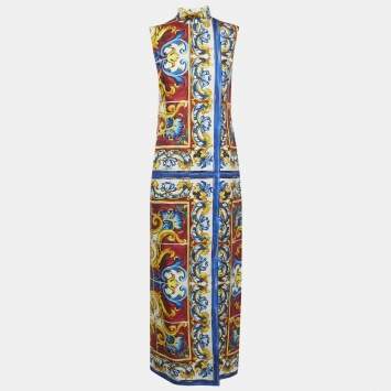 Pre Owned Dolce & Gabbana Majolica Print Silk Front Slit Maxi Dress M