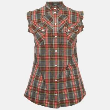 Pre Owned Dolce & Gabbana Grey/Red Plaid Cotton Pearl Snap Button Detail Sleeveless Shirt S