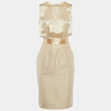Pre Owned Dolce & Gabbana Gold Silk & Crepe Shift Mini Dress XS